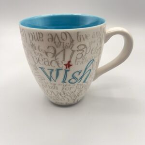 Starbucks Mug Wish Live Love Peace 2005 White Gray Grey Writing Blue Inside
